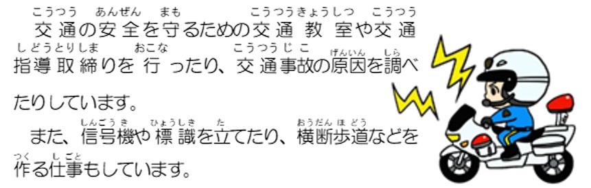 交通の安全を守るための交通教室や交通指導取締りを行ったり、交通事故の原因を調べたりしています。また、信号機や標識を立てたり、横断歩道などを作る仕事もしています。