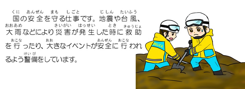 国の安全を守る仕事です。地震や台風、大雨などにより災害が発生したときに救助を行ったり、大きなイベントが安全に行われるよう警備をしています。