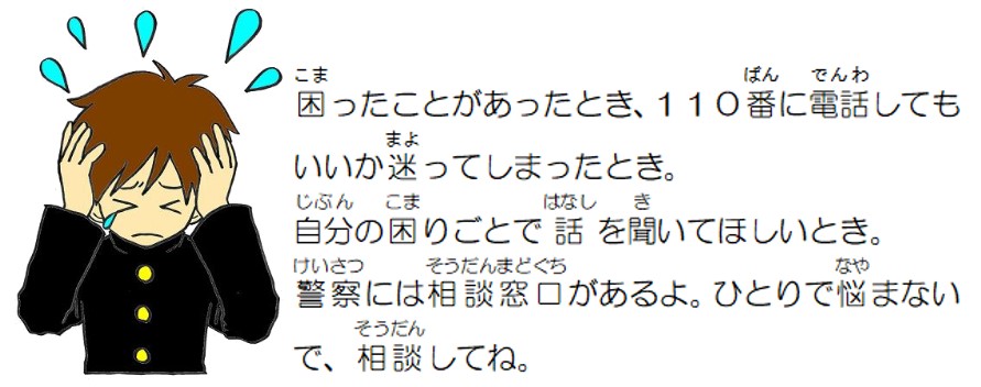 困ったことがあったとき、110番に電話してもいいか迷ってしまったとき。自分の困りごとで話を聞いてほしいとき。警察には相談窓口があるよ。一人で悩まないで、相談してね。