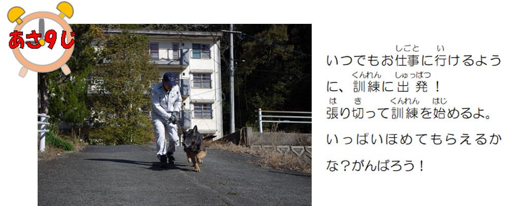 いつでもお仕事に行けるように訓練に出発。張り切って訓練を始めるよ。いっぱいほめてもらえるかな？頑張ろう。