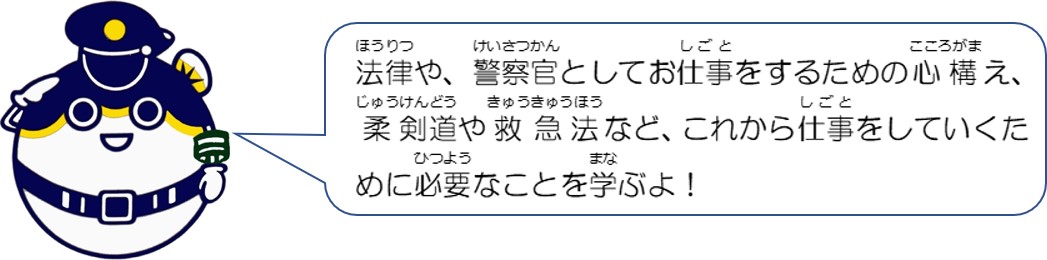 法律や、警察官としてお仕事をするための心構え、柔剣道や救急法など、これから仕事をしていくために必要なことを学ぶよ。