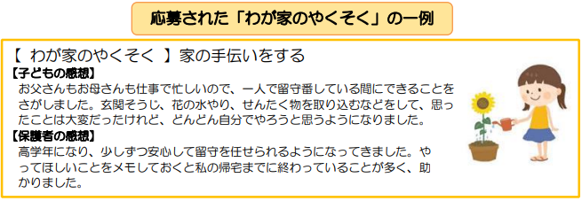 応募があった「わが家のやくそく」（内容、子どもの感想、保護者の感想）とのイラスト