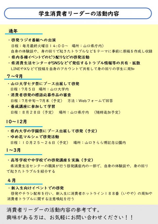 学生消費者リーダーの募集チラシ裏面