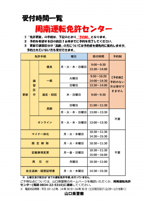 周南運転免許センターの受付時間